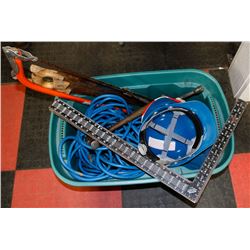 TOTE OF TOOLS, HARDHATS, EXTENSION CORD AND MORE