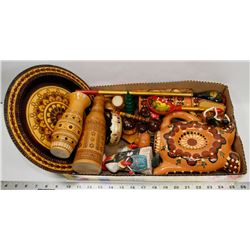 FLAT OF WOOD ORNAMENTS & HAND MADE DECANTER