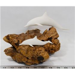 HAND MADE WHALES ON BURLE WOOD