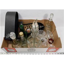 FLAT OF COLLECTIBLE  BOTTLES AND SOME CRYSTAL