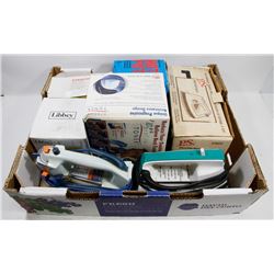 FLAT WITH THREE CLOTHES IRONS AND ASSORTED IN BOX