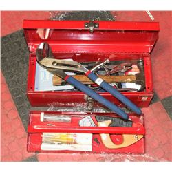 RED METAL TOOL BOX WITH CONTENTS
