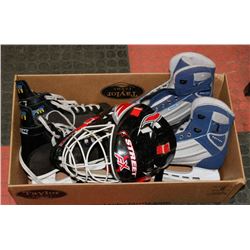 BOX OF HOCKEY SKATES & GOALIE HELMET