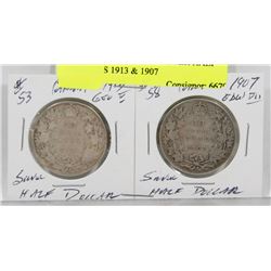 LOT OF 2 CANADIAN SILVER HALF DOLLARS 1913 & 1907