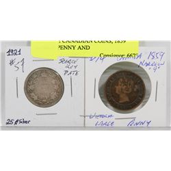 LOT OF 2 CANADIAN COINS, 1859 LARGE PENNY AND