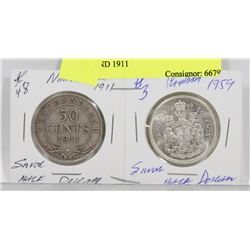 LOT OF 2 CANADIAN 50 CENT COINS, 1959 AND 1911