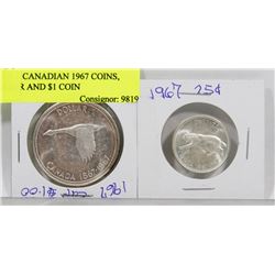 LOT OF 2 CANADIAN 1967 COINS, QUARTER AND $1 COIN