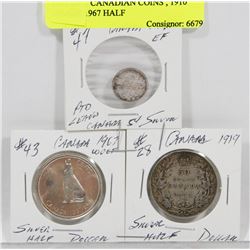 LOT OF 3 CANADIAN COINS , 1910 DIME 1967 HALF