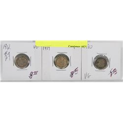 LOT OF 3 CANADA DIMES, 1912, 1919, 1920