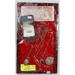 TRAY OF JEWELRY,  CURRENCY, STERLING SILVER RING