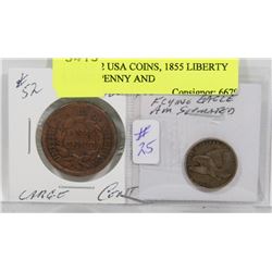 LOT OF 2 USA COINS, 1855 LIBERTY LARGE PENNY AND