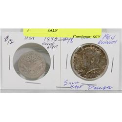 LOT OF 2 USA COINS, 1893 QUARTER AND 1964 HALF