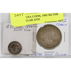 LOT OF 2 USA COINS, 1962 SILVER HALF DOLLAR AND