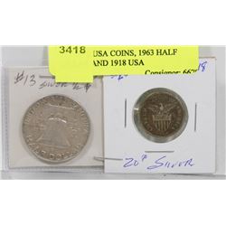 LOT OF 2 USA COINS, 1963 HALF DOLLAR AND 1918 USA