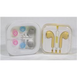 2 SETS OF NEW HEADPHONES IN EAR, INCL APPLE STYLE.