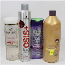 BUNDLE OF ASSORTED SHAMPOOS AND BOTTLE OF HAIR
