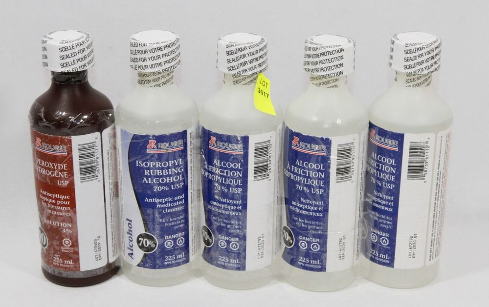 BOTTLE OF PEROXIDE AND 4 BOTTLES OF RUBBING ALCOHOL