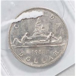 1981 CANADIAN CANOE ONE DOLLAR COIN.