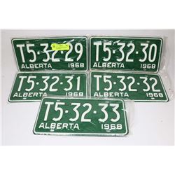 LOT OF FIVE 1968 NEW OLD STOCK LICENSE PLATES