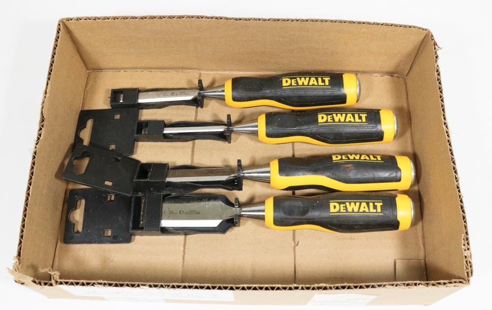 BOX W/SET OF 4 DEWALT CHISELS TOOLS