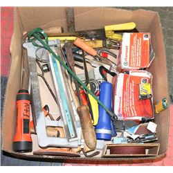 LARGE BOX FULL OF TOOLS INCL. SAWS,