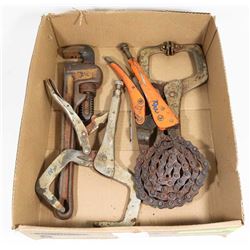 BOX W/ VARIOUS TYPES OF VISE GRIPS AND PIPE