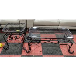 WROUGHT IRON AND GLASS COFFEE TABLE & END TABLE