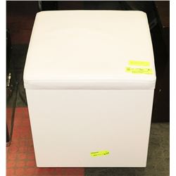 WHITE LEATHER TOP PLASTIC STORAGE OTTOMAN.