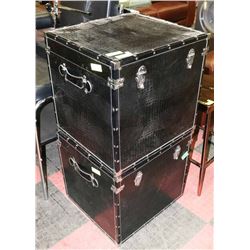 PAIR OF BLACK SNAKE SKIN STYLE LATCHING TRUNKS.