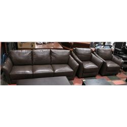 BROWN LEATHERETTE 86" SOFA WITH TWO 36" CHAIRS