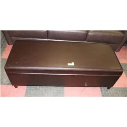 BROWN LEATHERETTE STORAGE BENCH. 50"X18"X14".