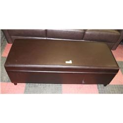 BROWN LEATHERETTE STORAGE BENCH. 50"X18"X14".