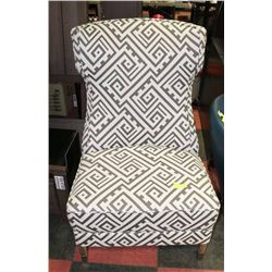 GREY AND WHITE GRAPHIC FABRIC CHAIR 30"X29"X44".