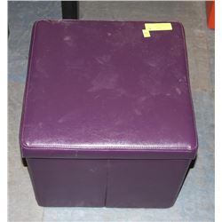 PURPLE LEATHER STYLE STORAGE OTTOMAN. 15"X15"X13".