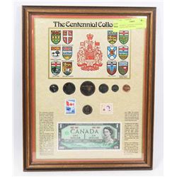 FRAMED CANADIAN CENTENNIAL COIN STAMP AND BILL