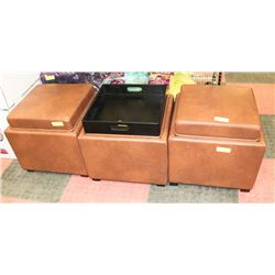 LOT OF 3 BROWN LEATHERETTE STORAGE OTTOMAN WITH