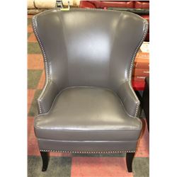 DARK GREY LEATHER STYLE STUDDED CHAIR.
