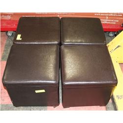 LOT OF 4 DARK BROWN STORAGE OTTOMANS. 15"X15"X15".