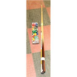 LOT OF 3 POOL CUES WITH NEW SET OF BALLS AND