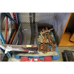 PALLET OF BOOMERS, CHAIN, STRAPS AND LARGE