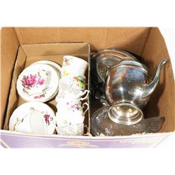 VINTAGE MISC BOX OF CUPS AND SAUCERS INCL SILVER