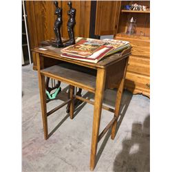 2 - antique telephone tables w/antique books, art and bronze busts