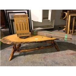 Pine table, antique thread dispenser and knitting machine