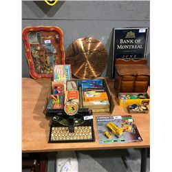Old parlor games, puzzles, antique typewriter, coca cola TV tray, jello collectibles