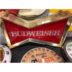 Budweiser electric beer sign 1960's, Dr. Pepper clock 60's, plus Government signs, MF, clocks