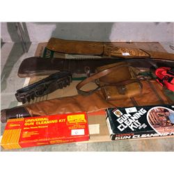 Various gun cases, gun cleaning kits, scavered case with décor leather