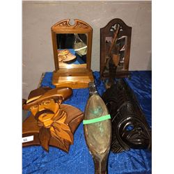 2 shaving mirrors, wood cowboy, Aftican mask, soldier
