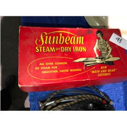 3 antique irons & Sunbeam iron in original box