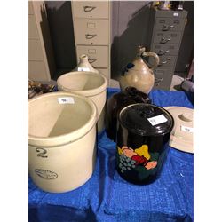 6 pieces of crockware, Medalta, Mason plus 5 gallon lid
