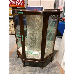 Hand painted divider, curved victorian curio cabinet w/glass shelves